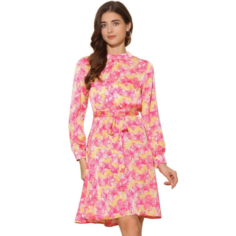 Mock Neck Swing Knee Length Long Sleeve A-line Floral Dress Pink Floral